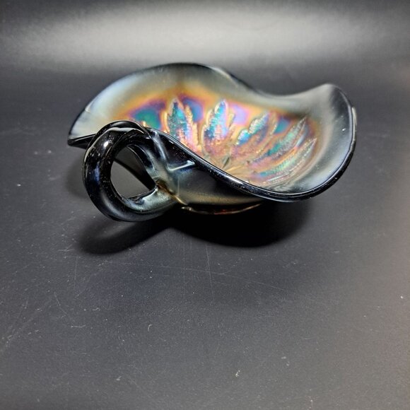 Dugan Carnival Glass Leaf Rays Tri-Corner Nappy Dish Iridescent Finish - Picture 7 of 14